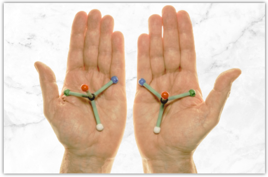 Concept of chirality: molecular models, each in the richt and left hand