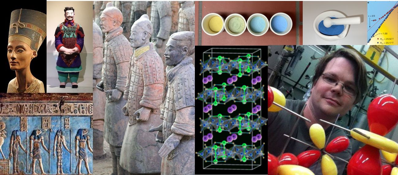 Collage von Farbegeschichte-relevanten Sachen wie Moleküle, Pulver und gefärbte Statuen